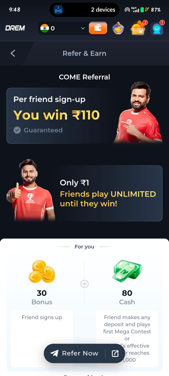 Referral and earn page showing referral rewards